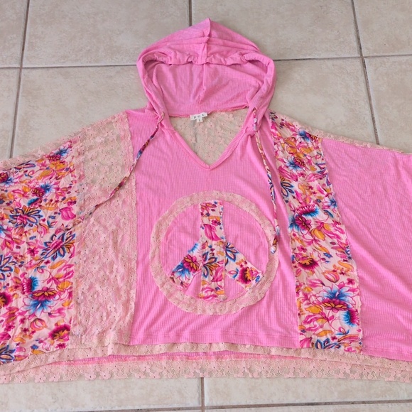 POL  Pink Peace Sign Oversized Hoodie Lace Patchwork Bohemian Top Size Large - Picture 3 of 6